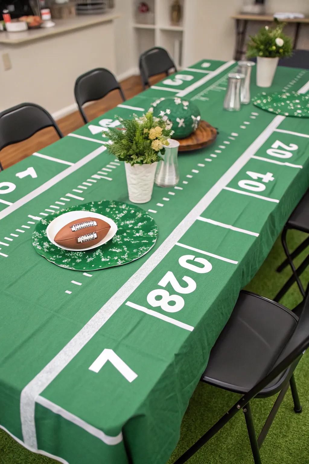 A table altered into a gridiron arena for the gathering.