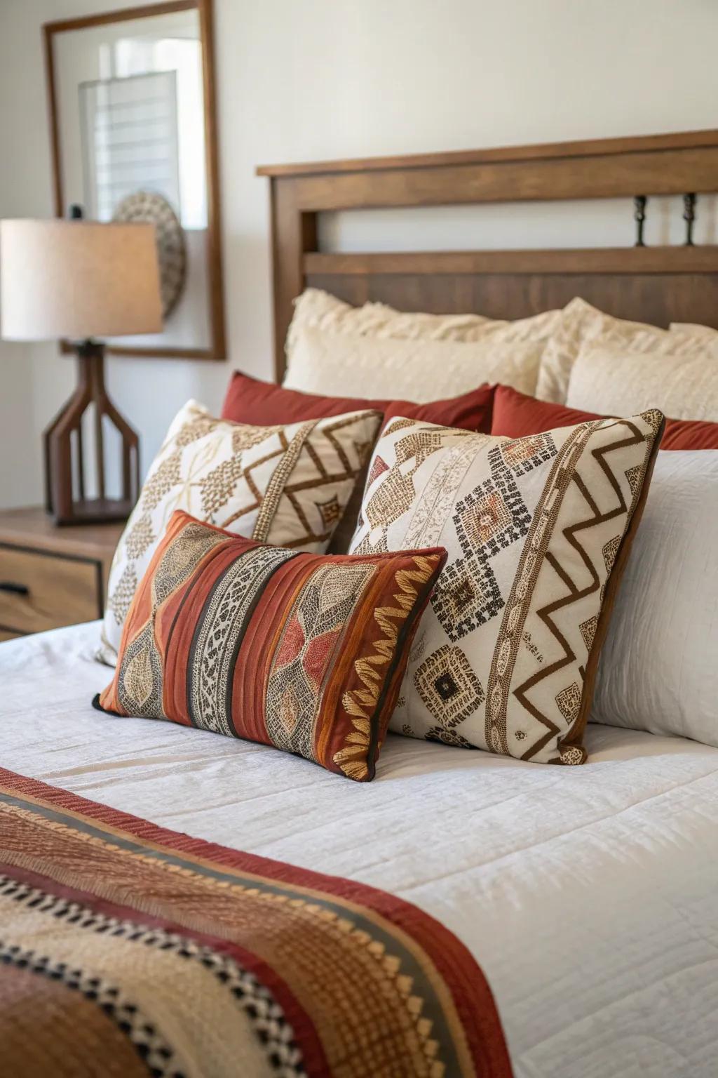 An assortment of pillows adds color and pattern to this king-sized bed.