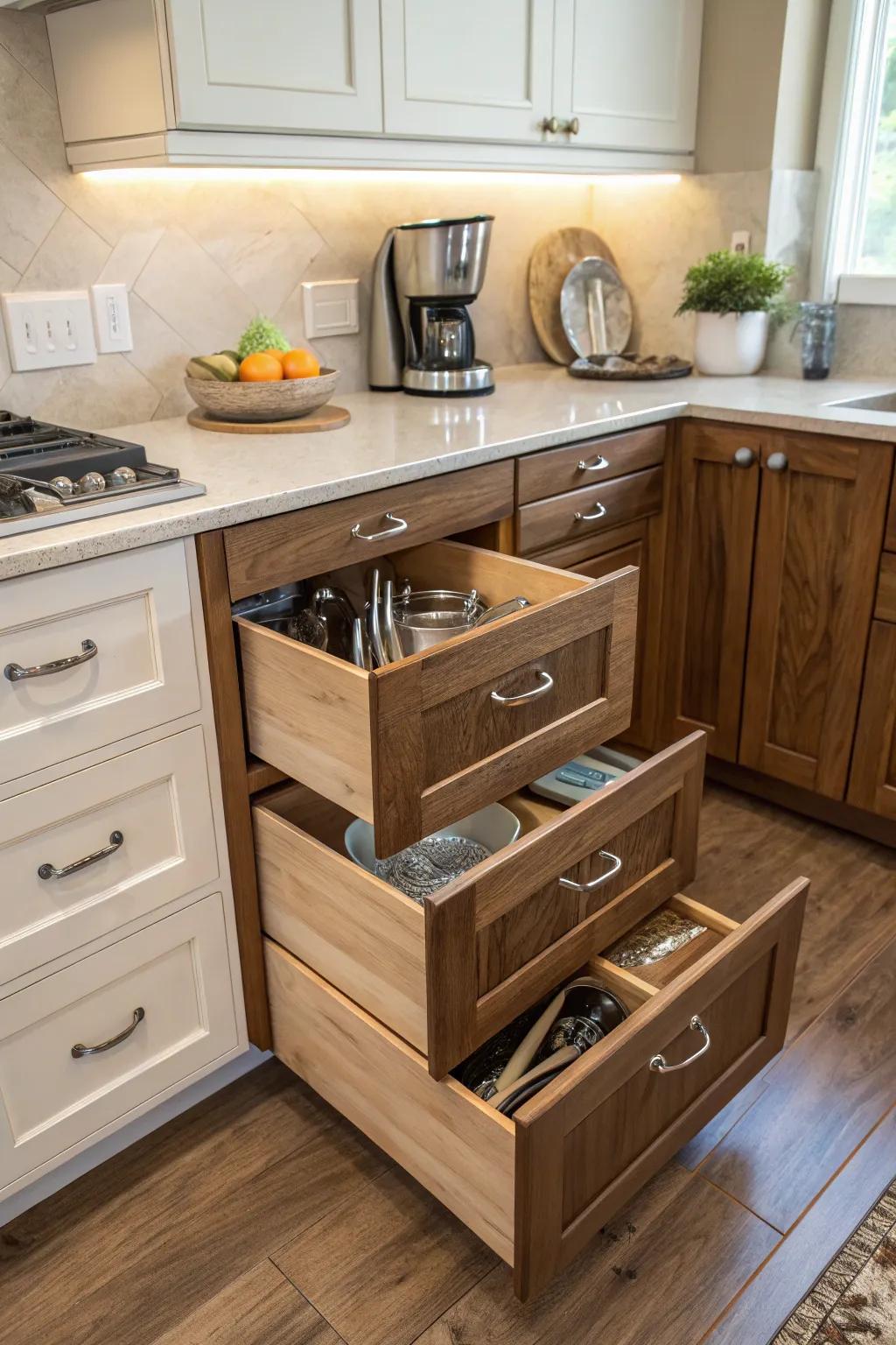 Angled drawers optimize corner areas while presenting a fashionable appearance.