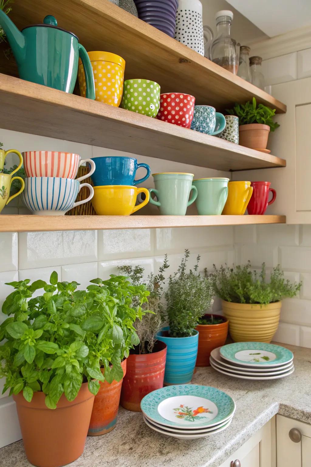 Open shelving injects vibrancy and accessibility into kitchen corners.