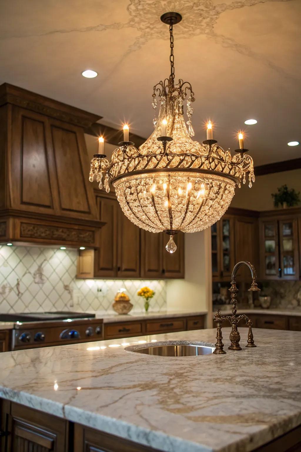 A chandelier above the island adds elegance and sophistication.