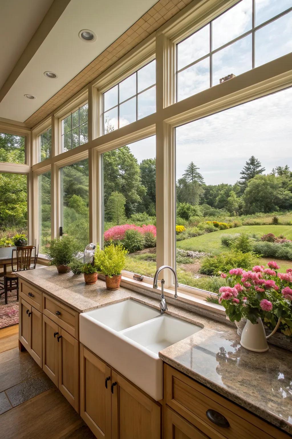 A kitchen featuring expansive vista windows that display a gorgeous garden scene.
