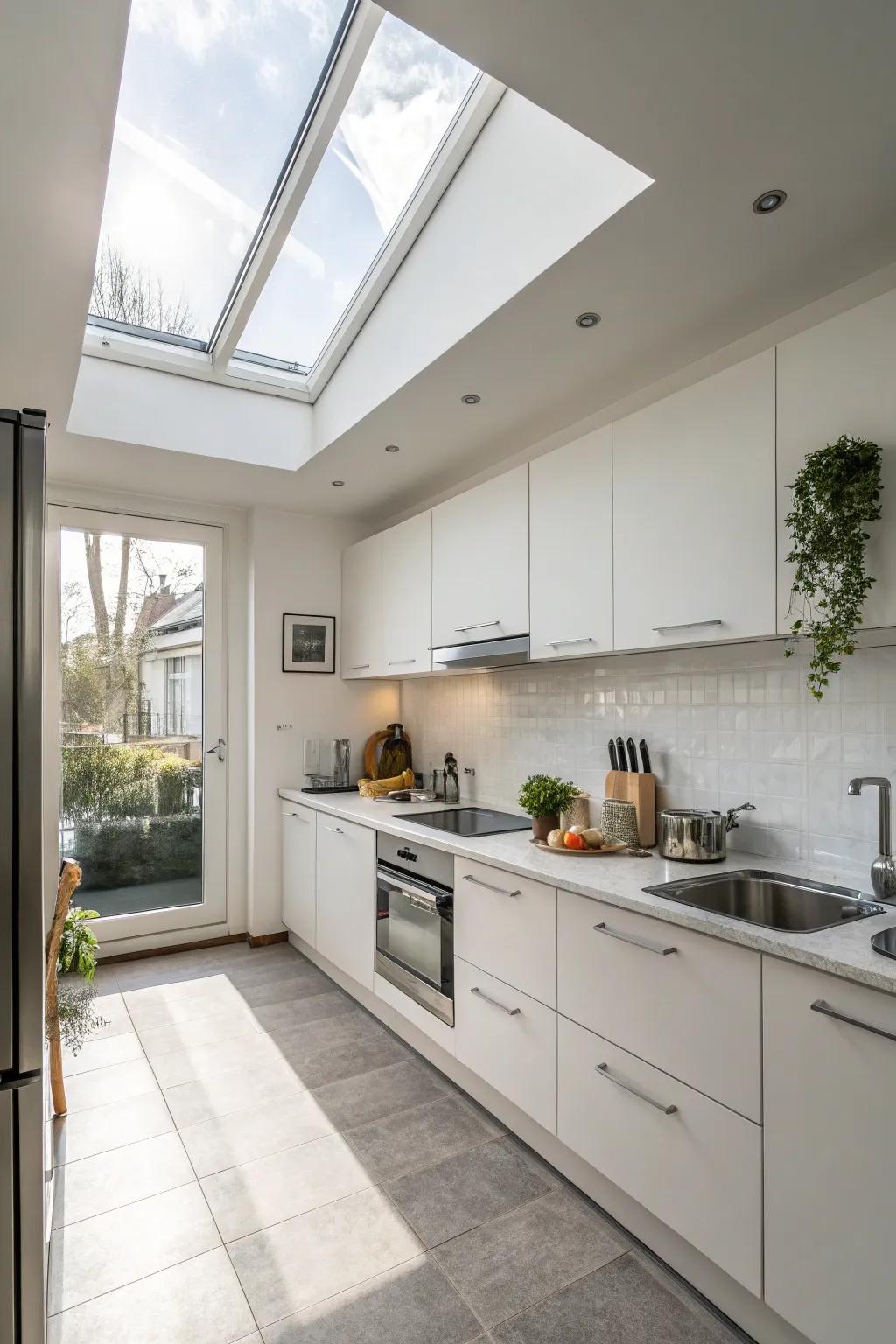 A minimalist kitchen design is enhanced by the sleek addition of a skylight.