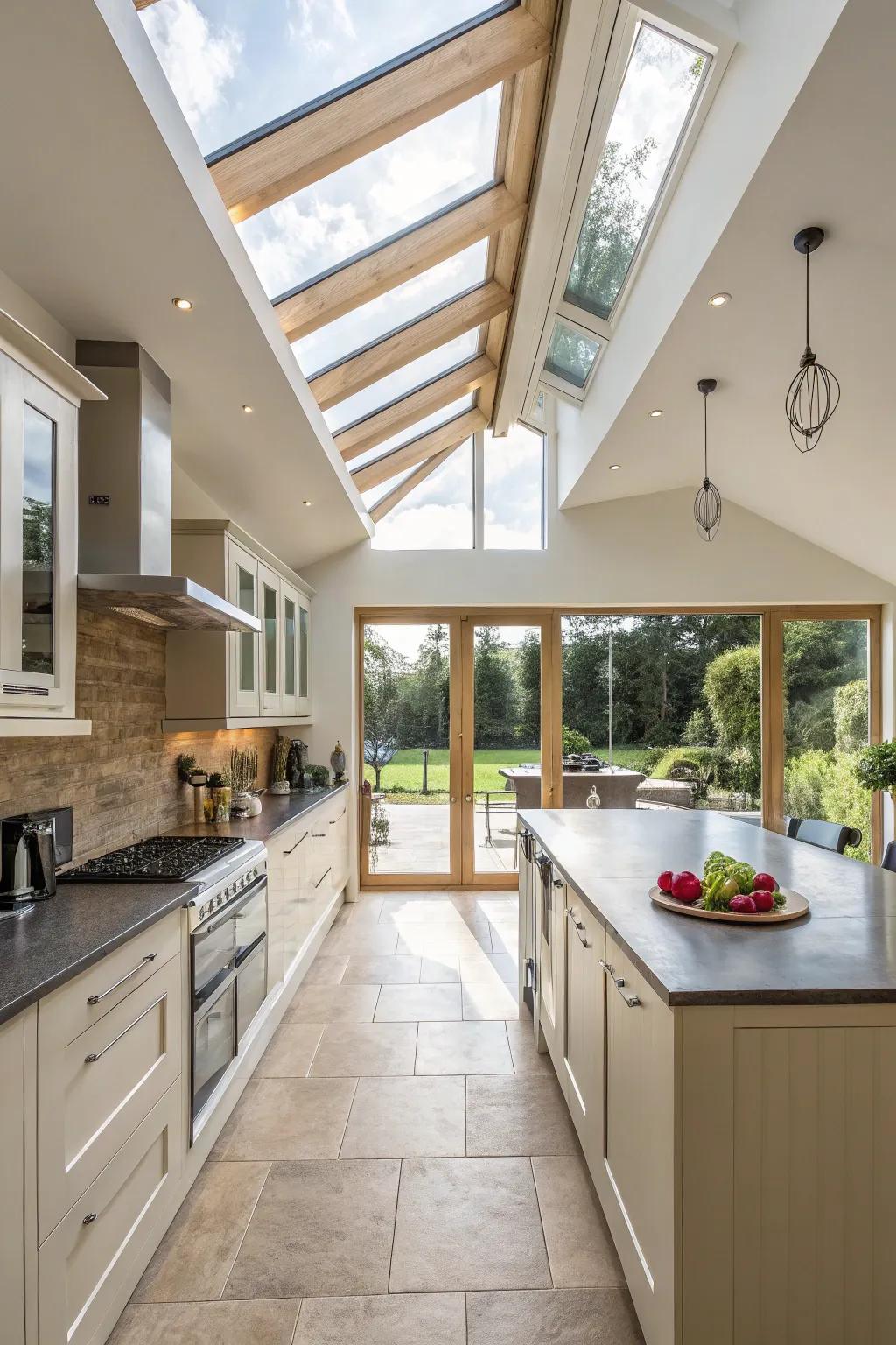 Skylights enhance the open design of this kitchen, emphasizing the vaulted ceiling.
