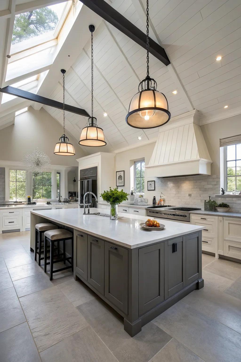 Statement pendant lights illuminate and enhance the kitchen's height.