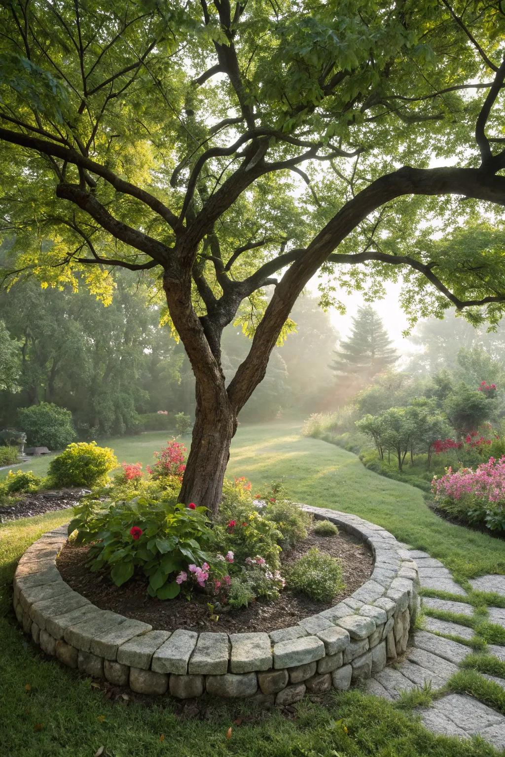 Stone borders add elegance and definition to tree bases.