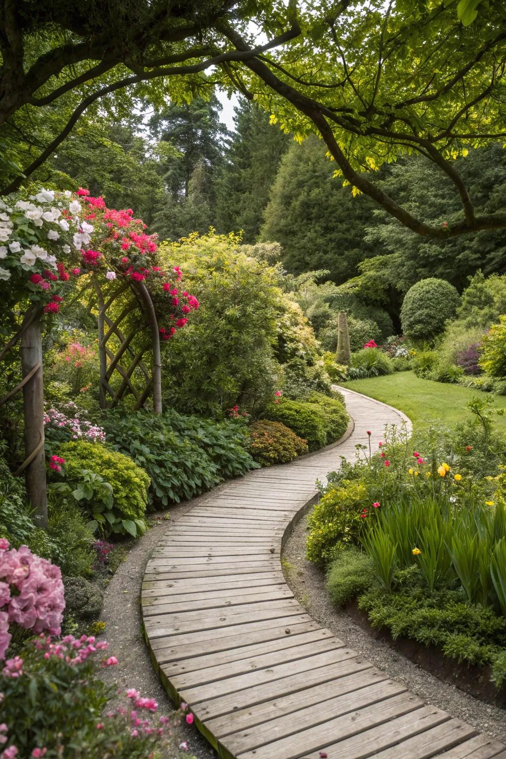 A winding pathway adds intrigue and guides visitors through your garden.