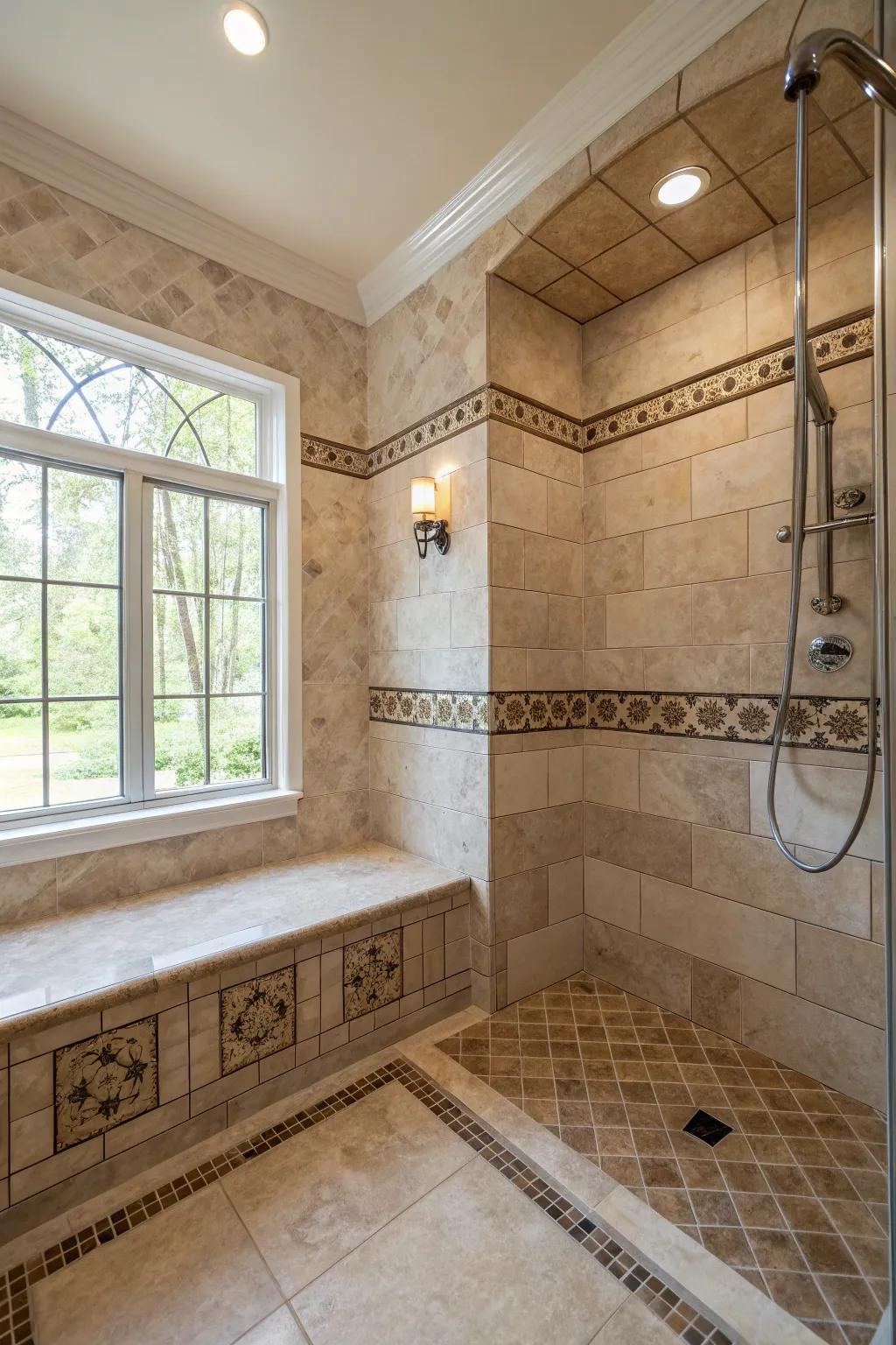 A built-in bench offers comfort and convenience in your shower.