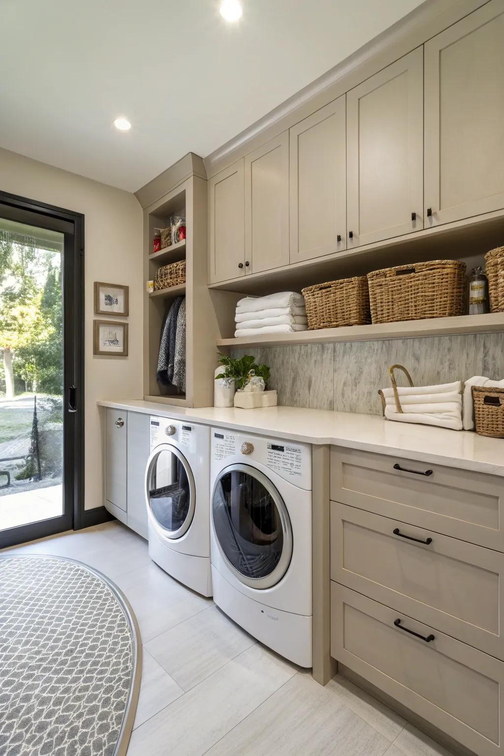 Furniture-inspired cabinets add elegance and charm to the laundry room.