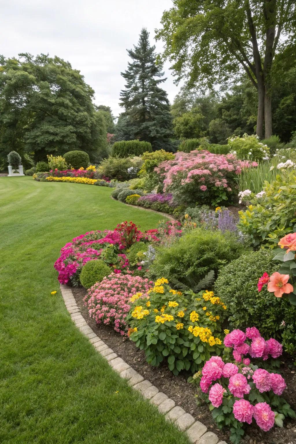 A splash of color from flowering beds that beautifully complements the green grass.