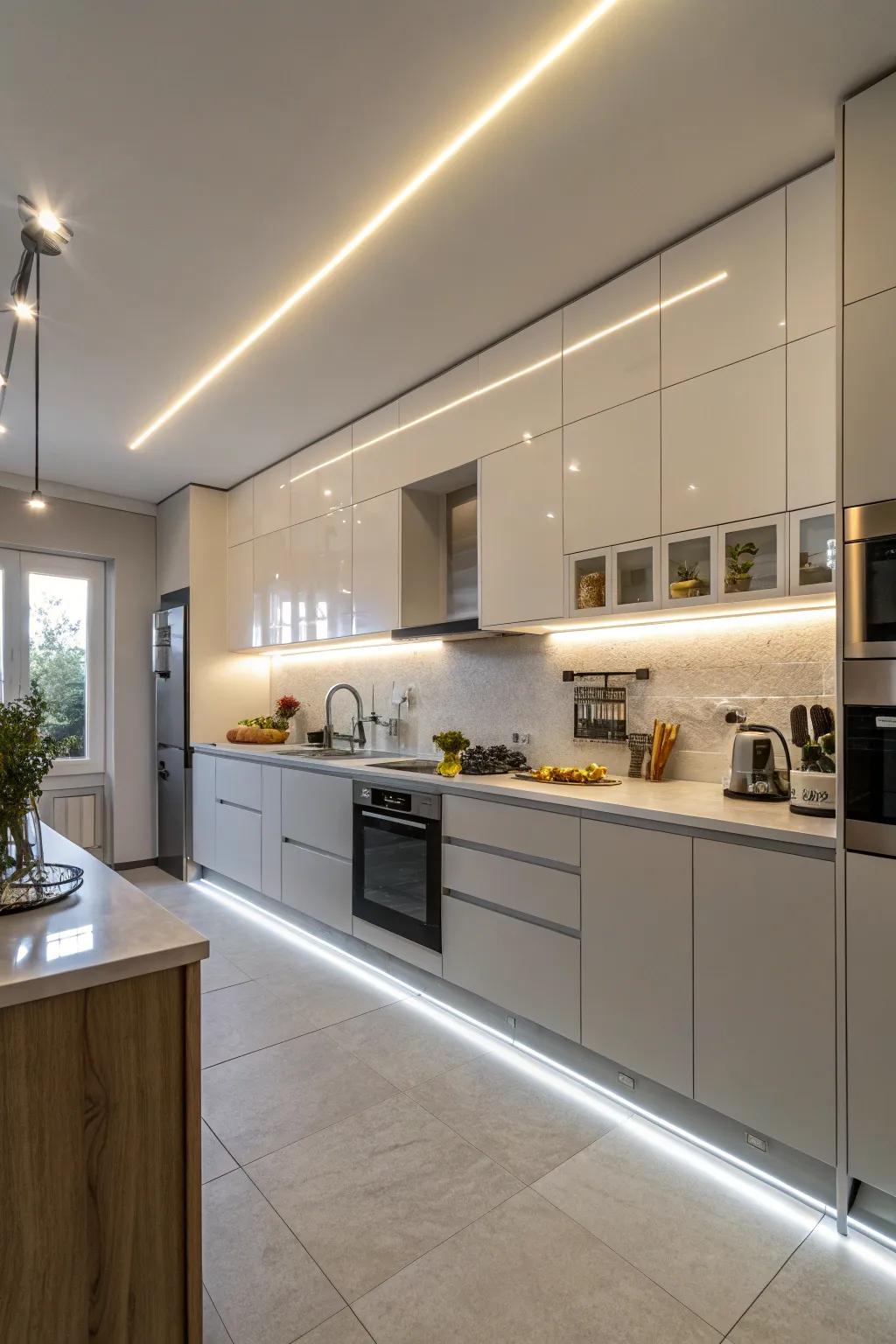 Modern kitchen elegance with functional LED strip lighting.