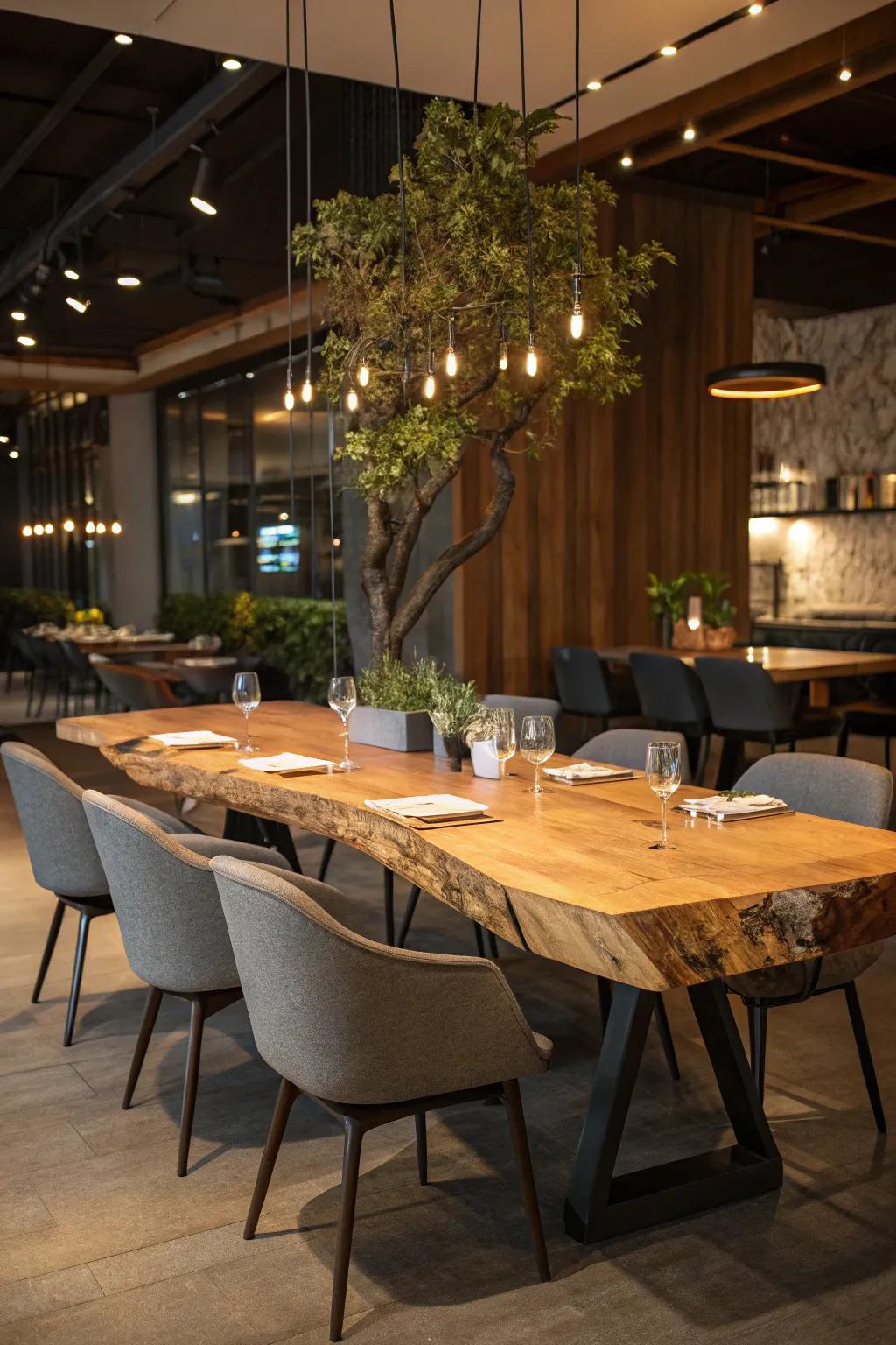 A dining area enhanced by the unique charm of a live edge table.