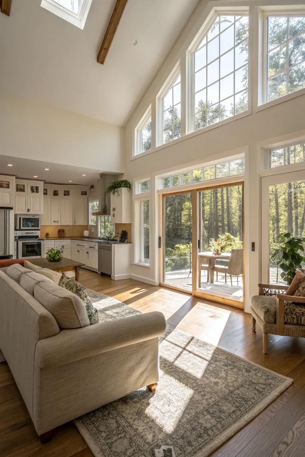 A radiant and breezy lounge with cooking facilities, brimming with sunlight.