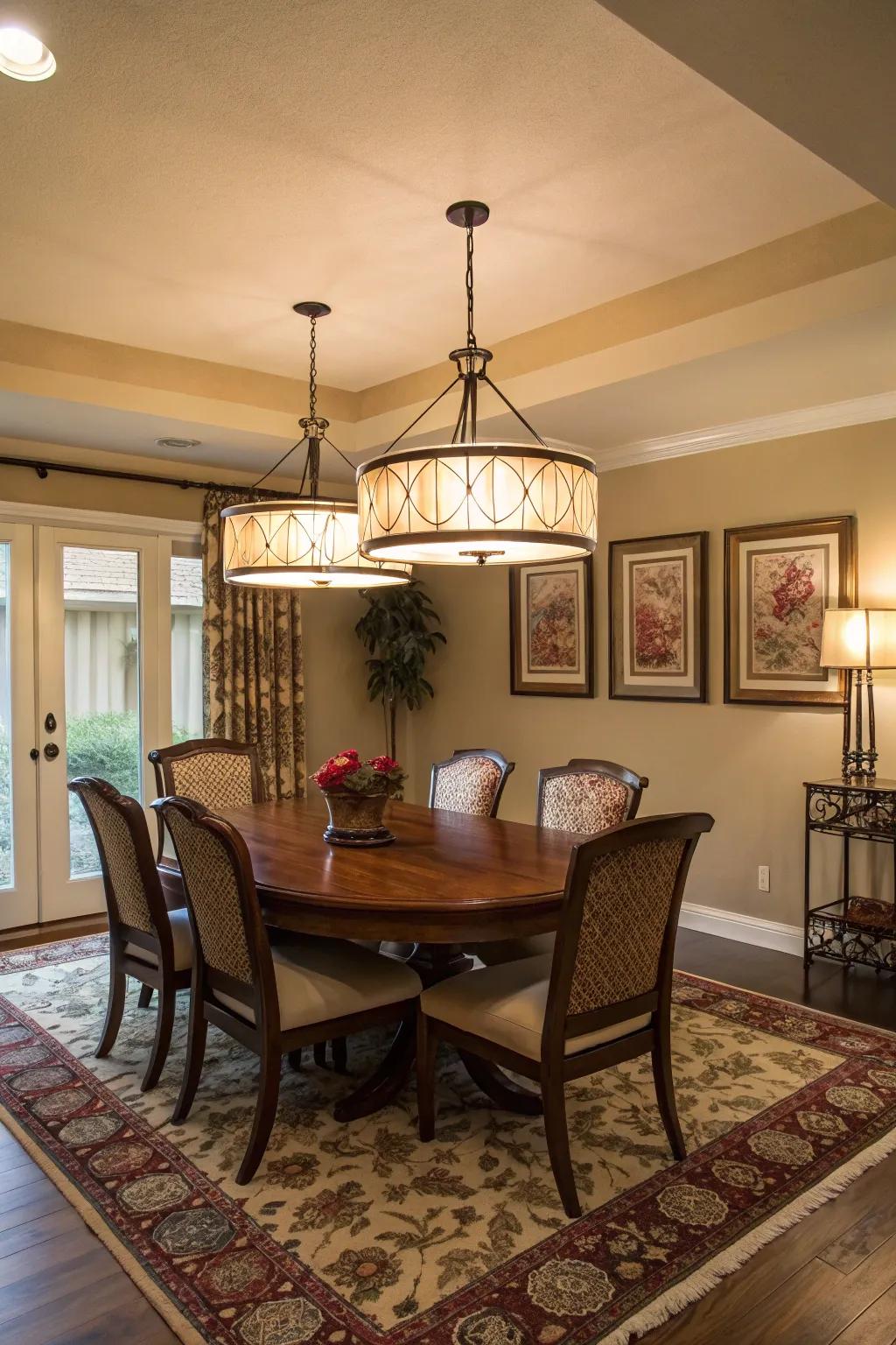 Semi-flush mount lighting in a cozy dining setting.