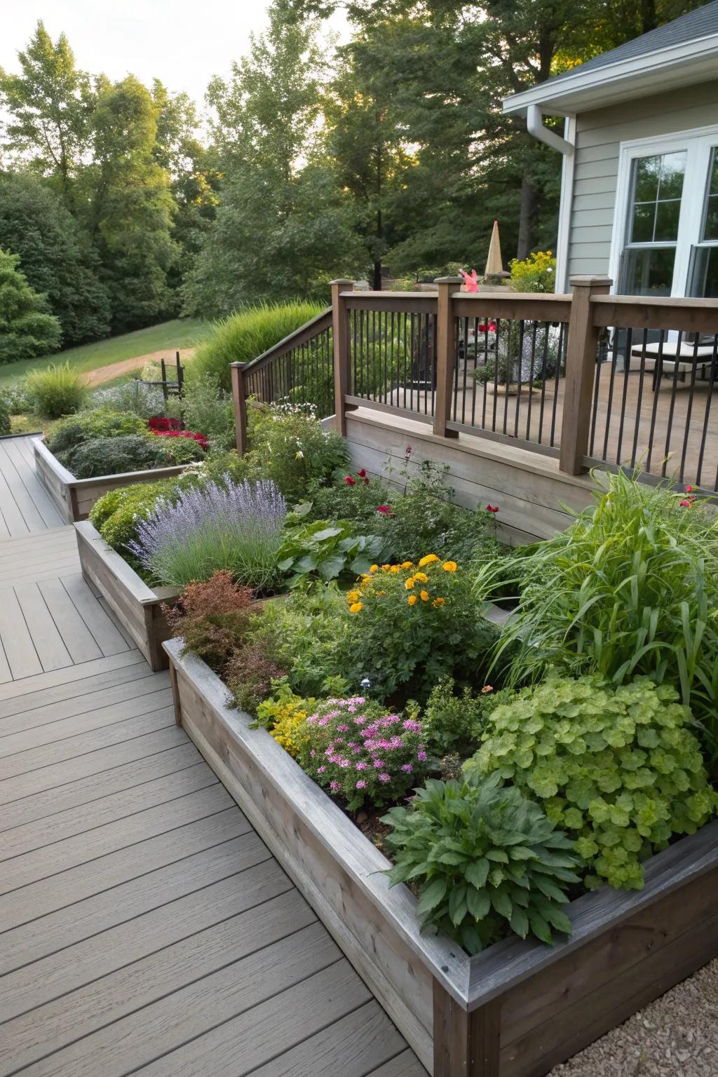 Simple planting beds with perennials and shrubs around a raised deck.