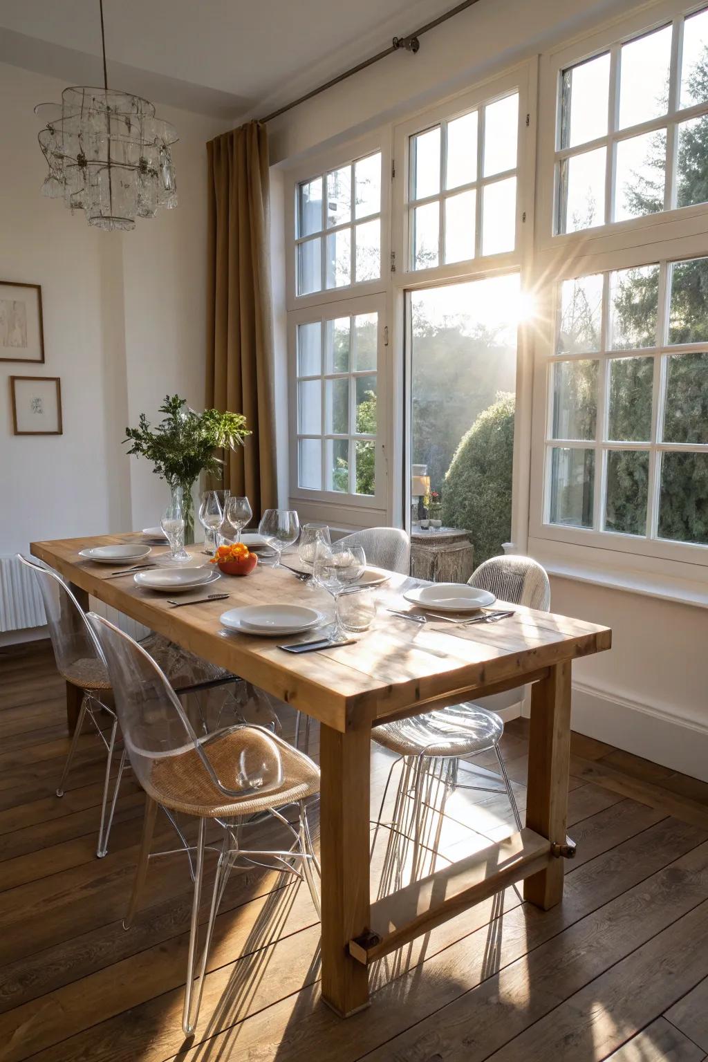 Poly-methylmethacrylate chairs add elegance to any dining area.