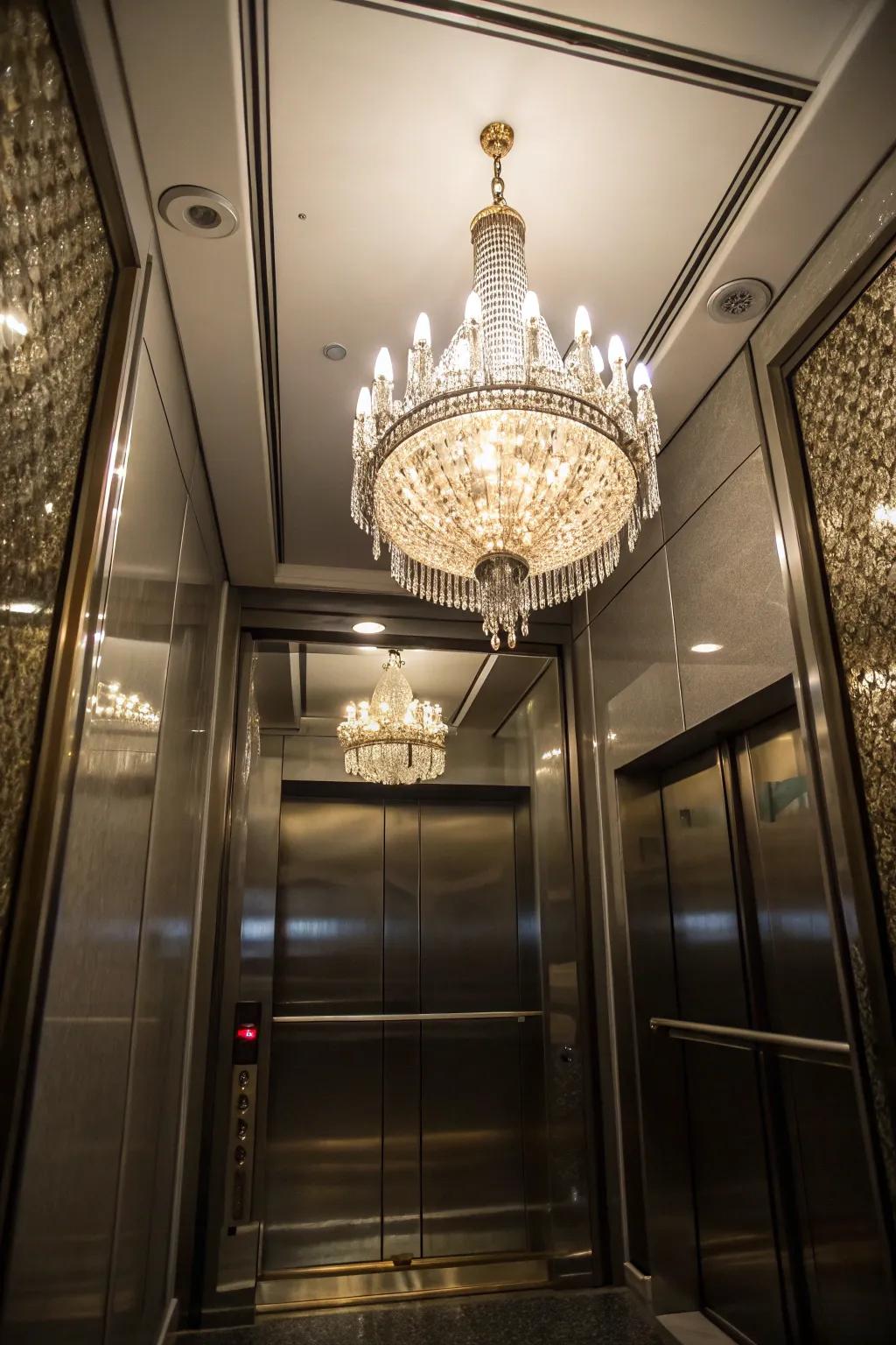 A touch of sparkle with a chandelier in a refined elevator setting.