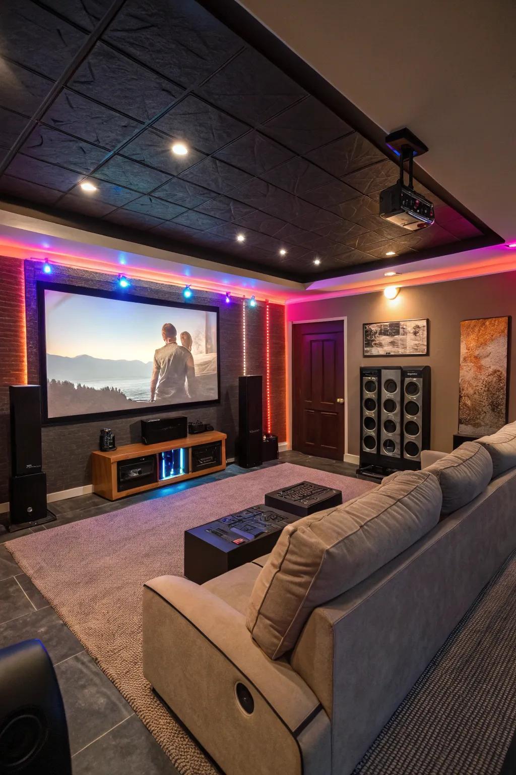 A captivating home theater setup equipped with a large screen and surround sound.