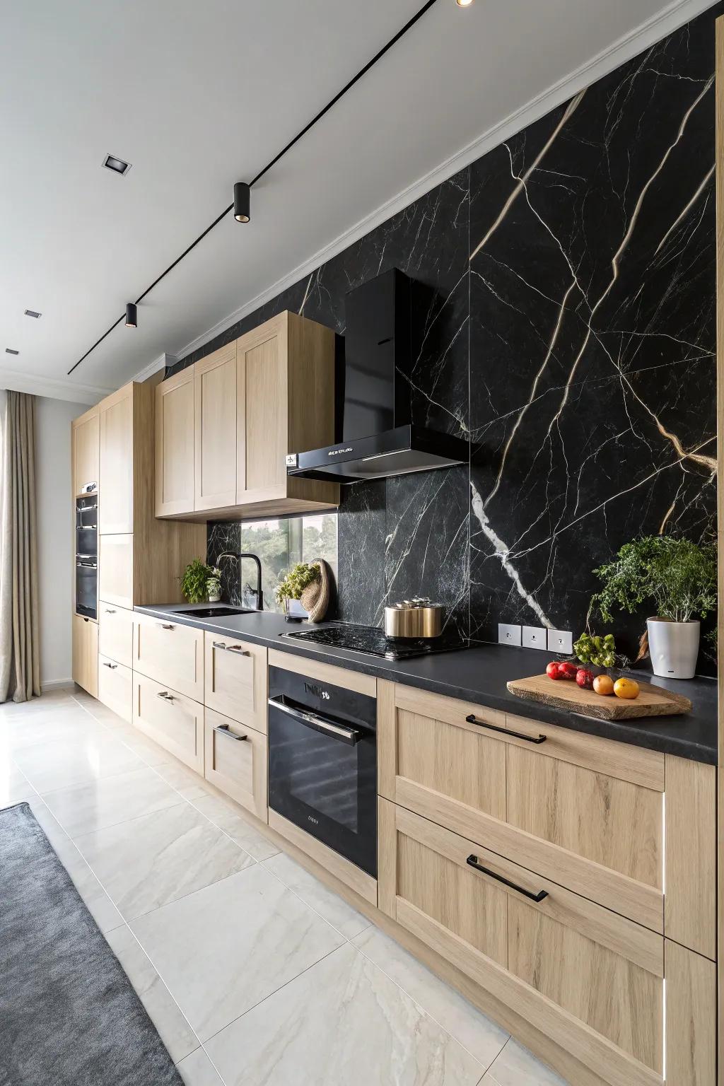 A kitchen creating a bold declaration with a charcoal stone panel.