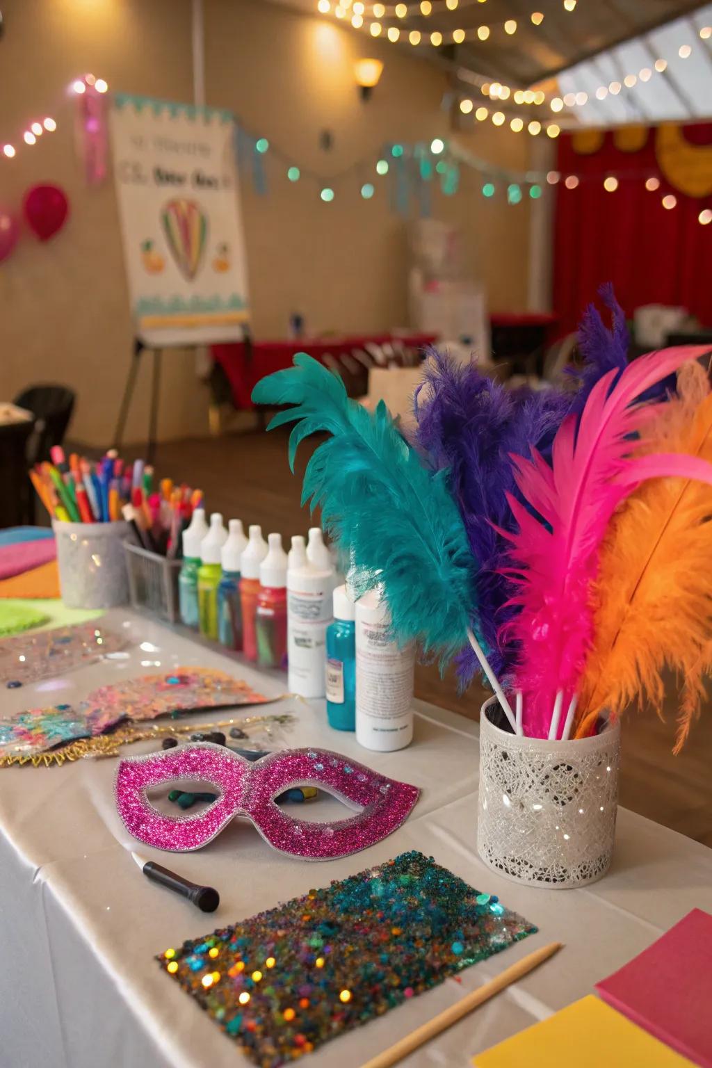 A DIY mask station encourages creativity and adds a personal touch to the party