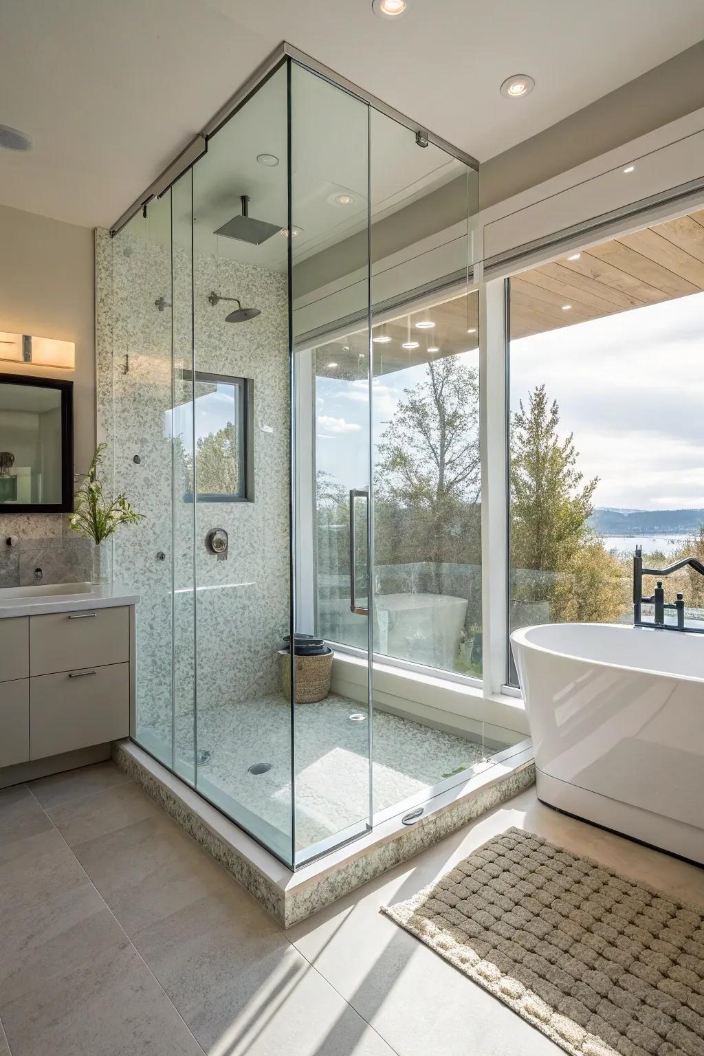 A modern walk-in shower with elegant glass enclosures.