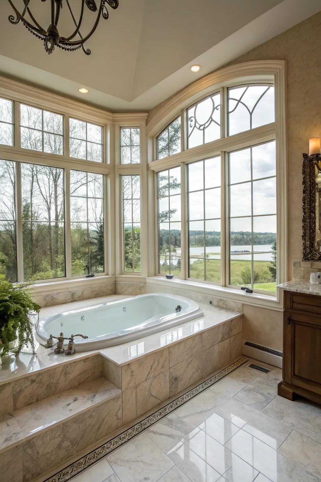 Natural light floods a master bathroom, illuminating the elegant jacuzzi tub.