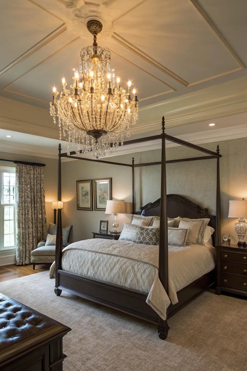 An elegant chandelier adds a touch of luxury to the master bedroom.