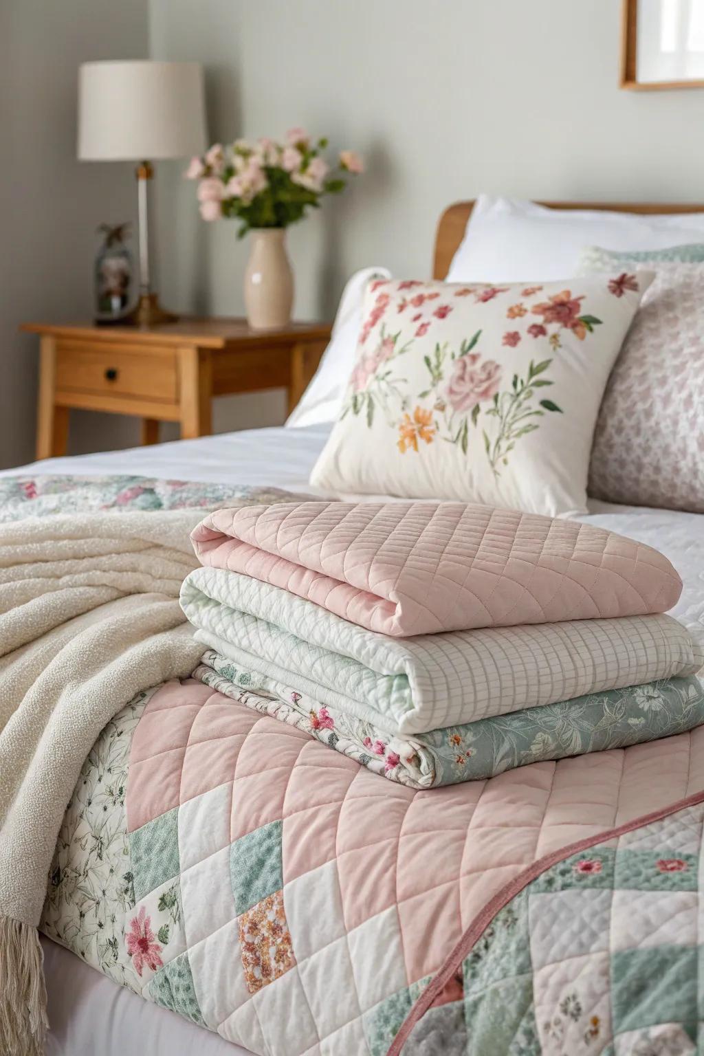 A bed styled with layered coverings and throws that offer additional comfort.