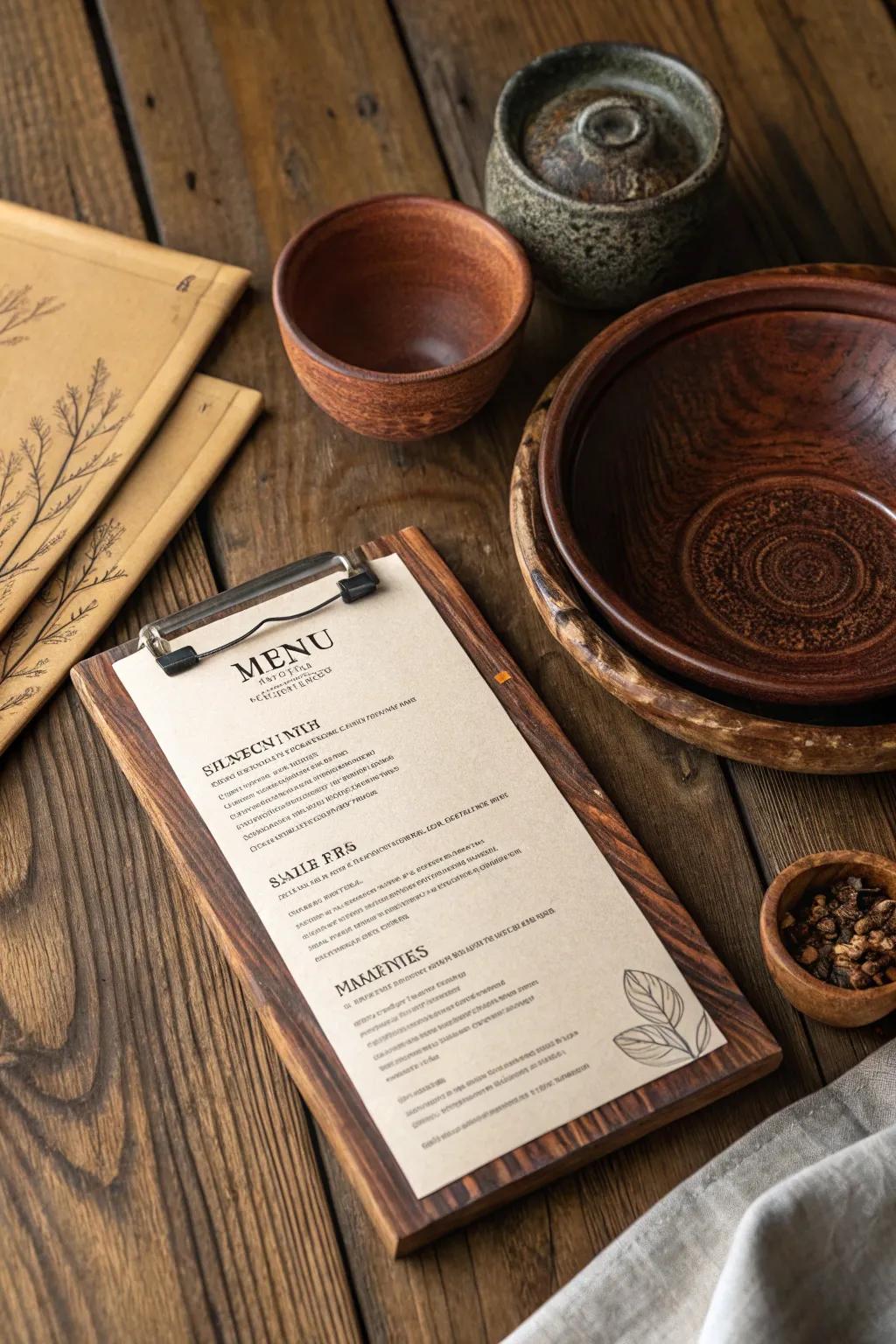 Wood textures evoke a cozy, rustic atmosphere on your menu.