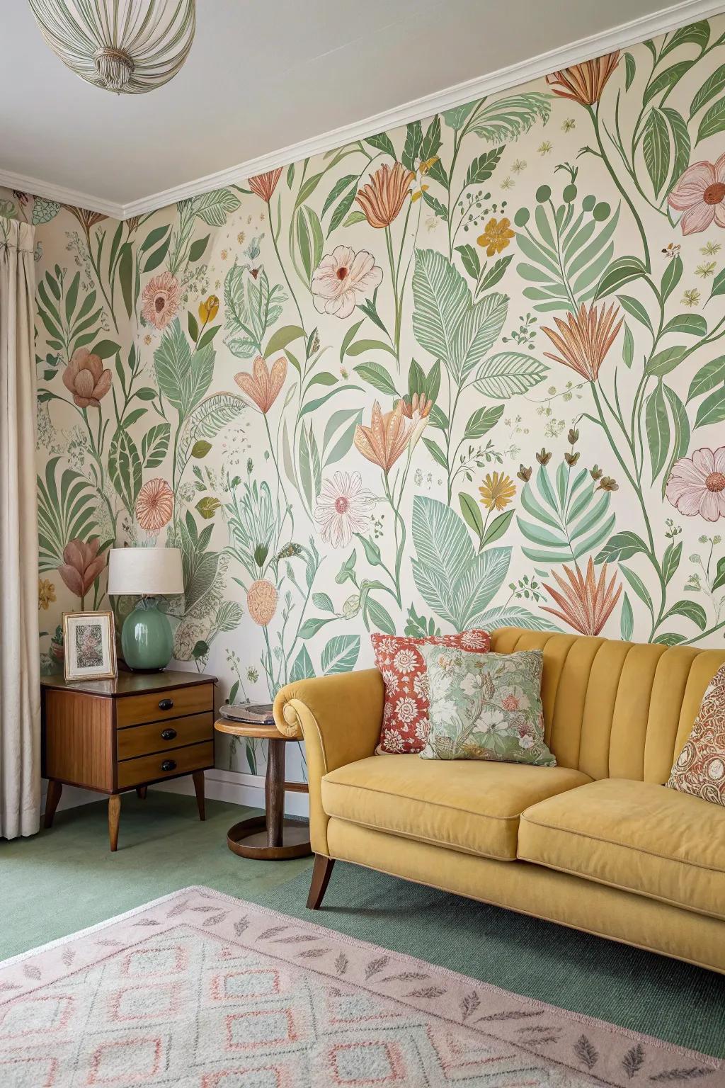 Mid-century space showcasing wallpaper with floral and organic patterns.