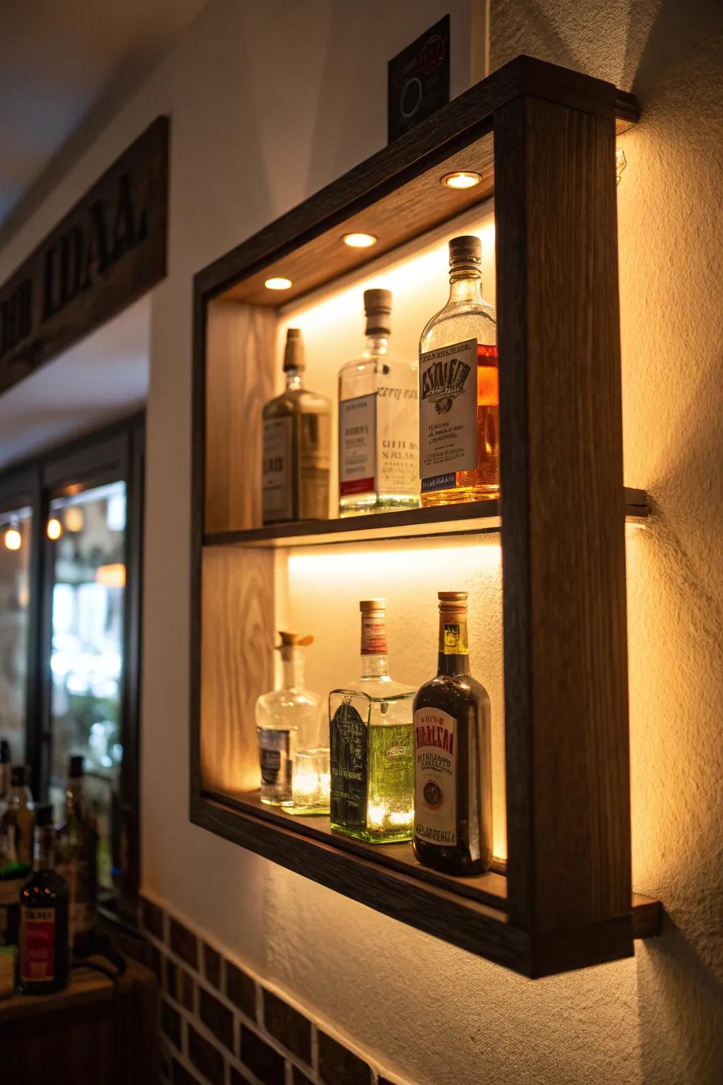 A backlit shadow box providing a warm showcase for mini liquor bottles.