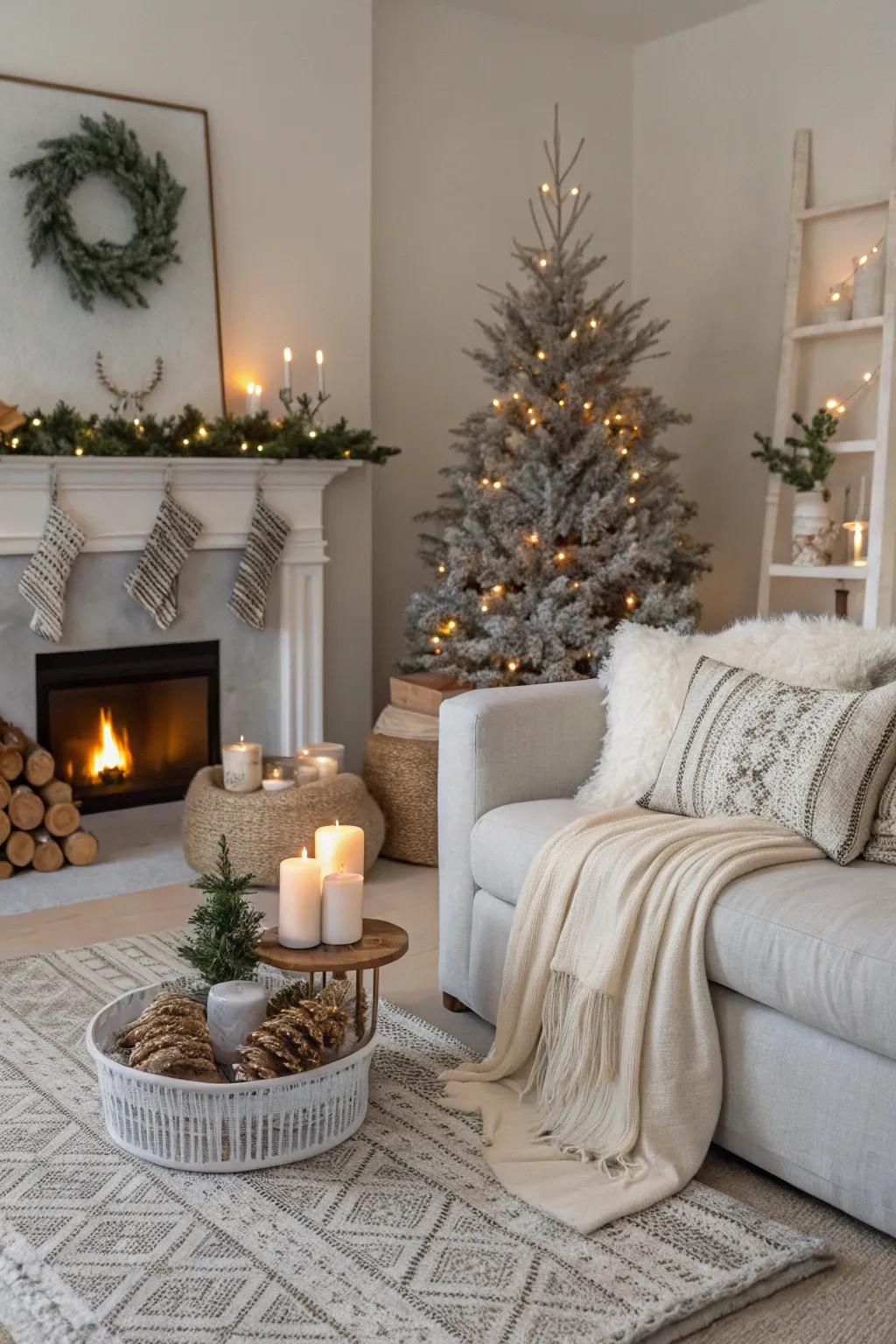 A living room with a neutral color palette that brings a calming holiday vibe.