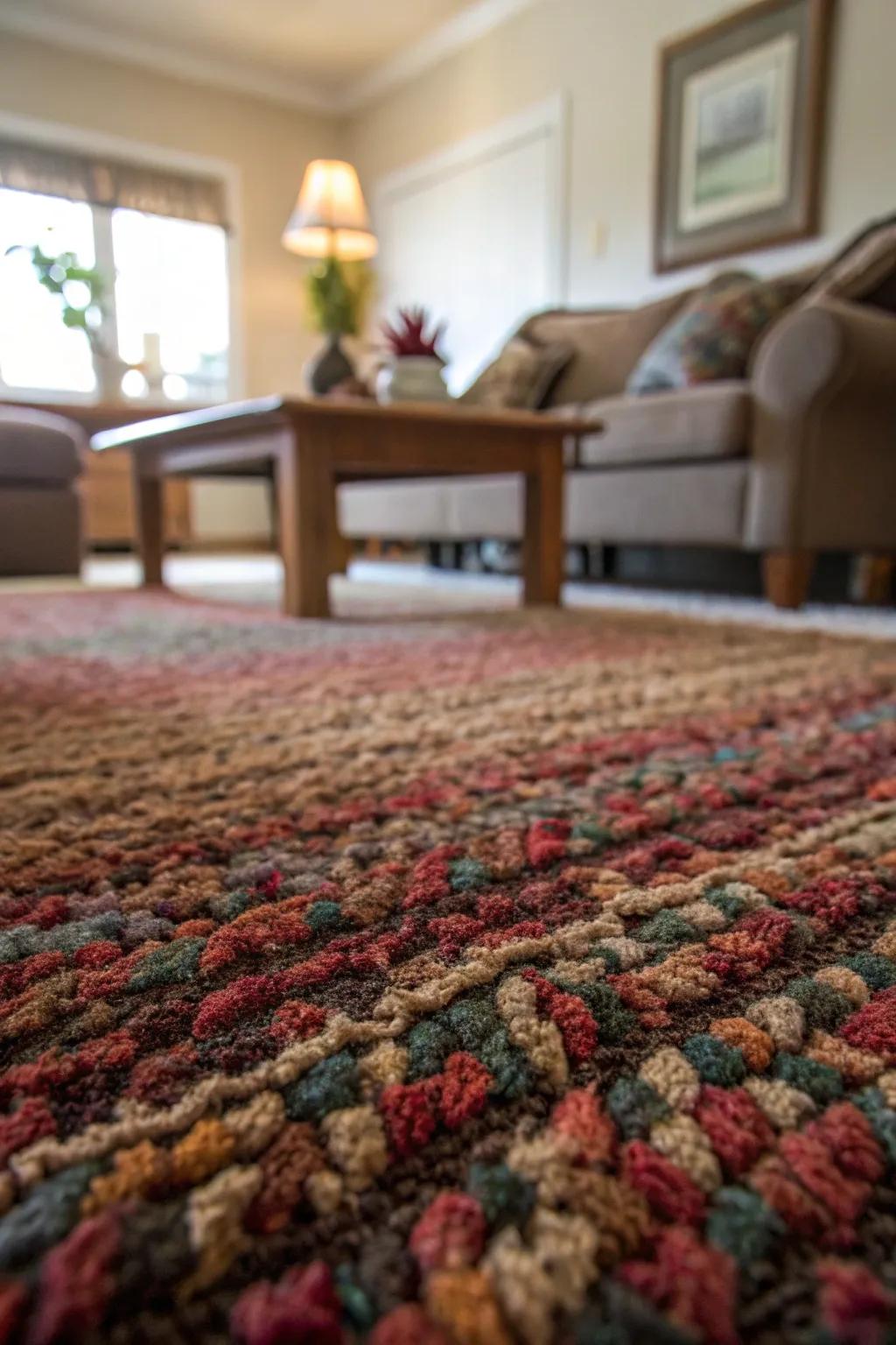 Close-up of a textured carpet adding warmth to a cozy living room