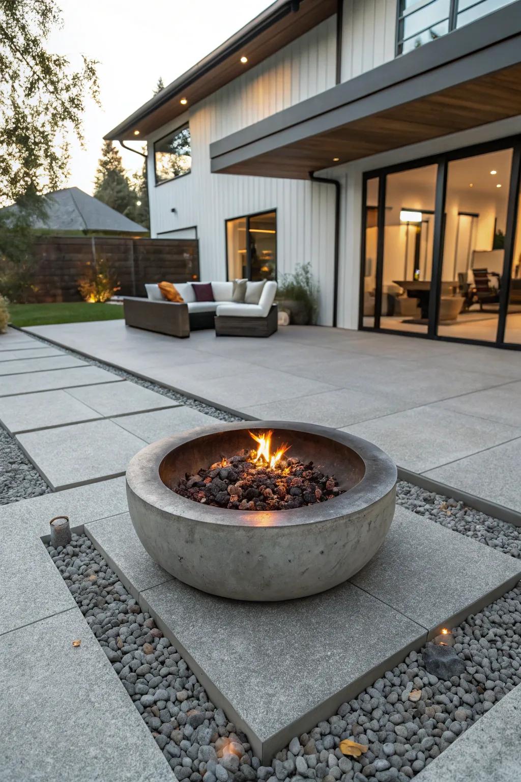 A contemporary patio featuring a central fire pit for comfortable gatherings.