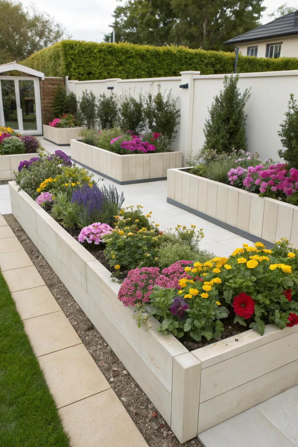 Stylish raised planter boxes add depth and interest.