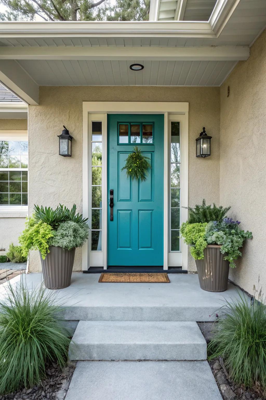 A bold front door adds a pop of color to a modern porch setting.