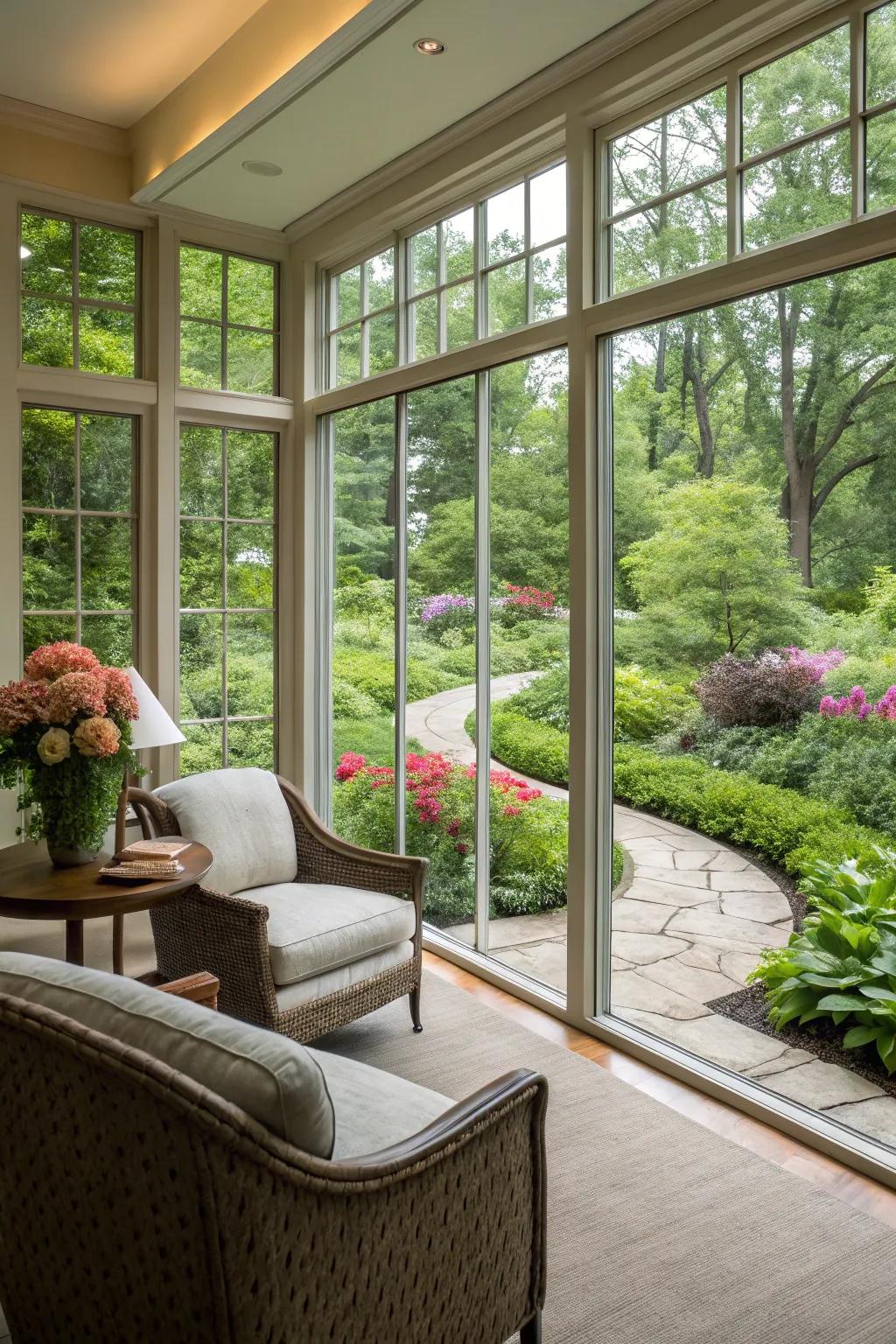 A bright room with expansive windows that connect indoor and outdoor spaces.