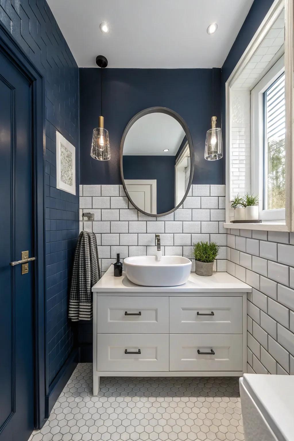 White tiles contrast beautifully with navy blue walls.