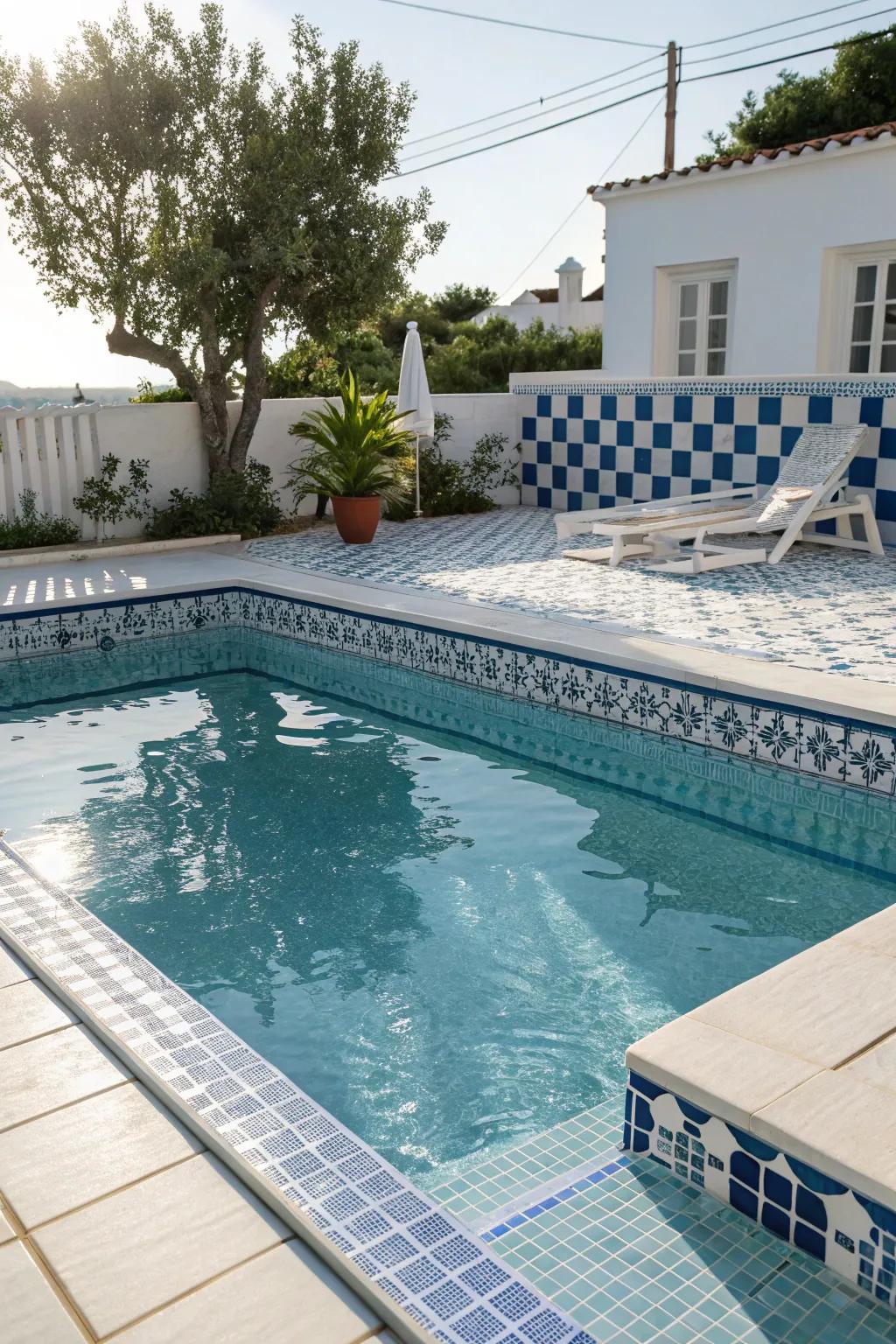 Blue and white tiles transport your pool to a serene ocean paradise.