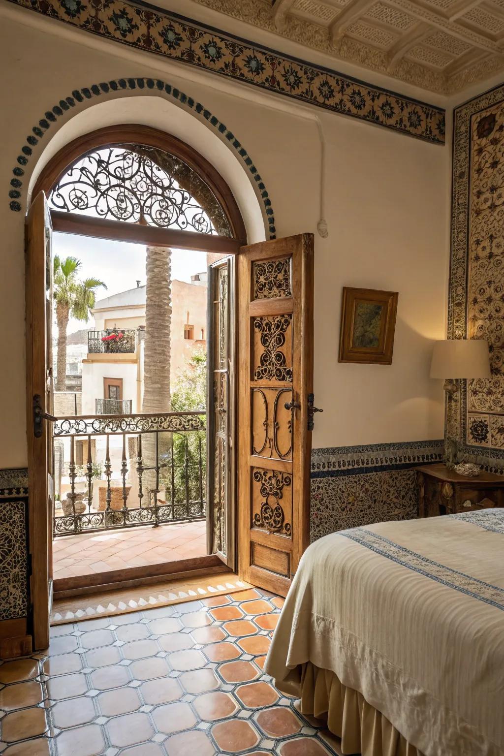 Arched doorways bring elegance and openness to a modern Spanish bedroom.