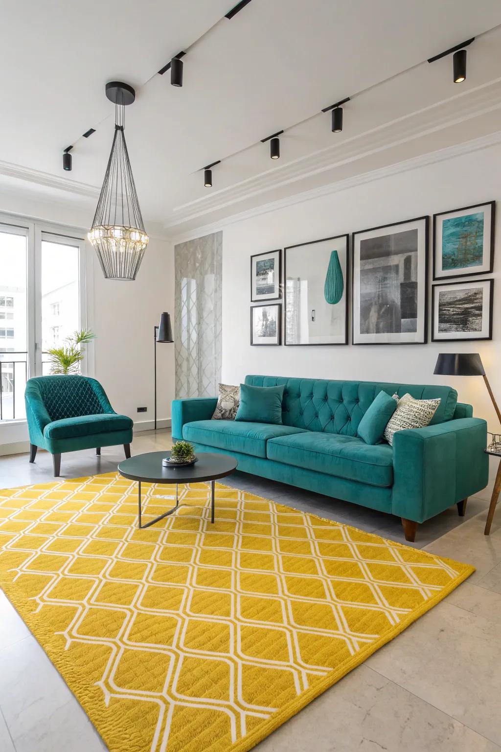 A daffodil carpet adds glow and dynamism to any family room.