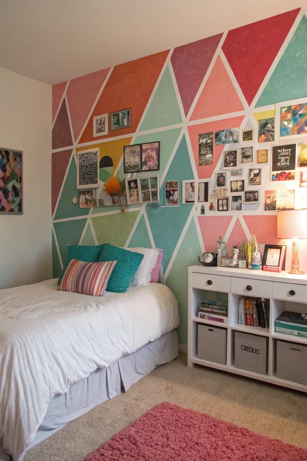 A room reinvented with a captivating geometric feature wall.