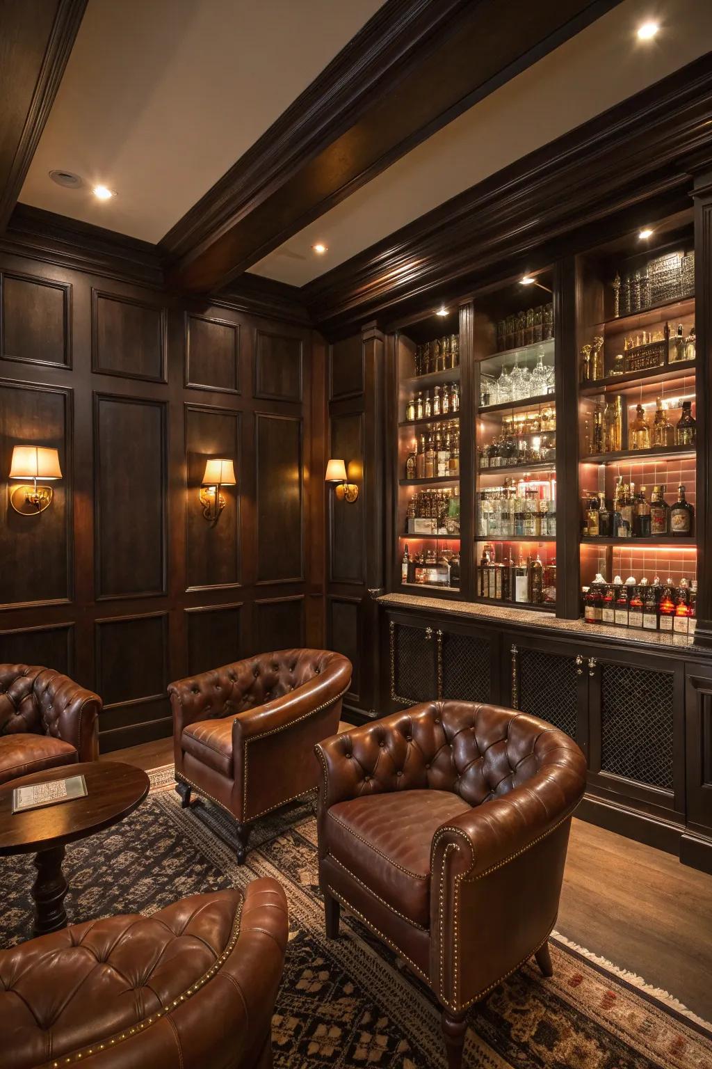 Dark wood and leather create a cozy, inviting environment perfect for whiskey enjoyment.