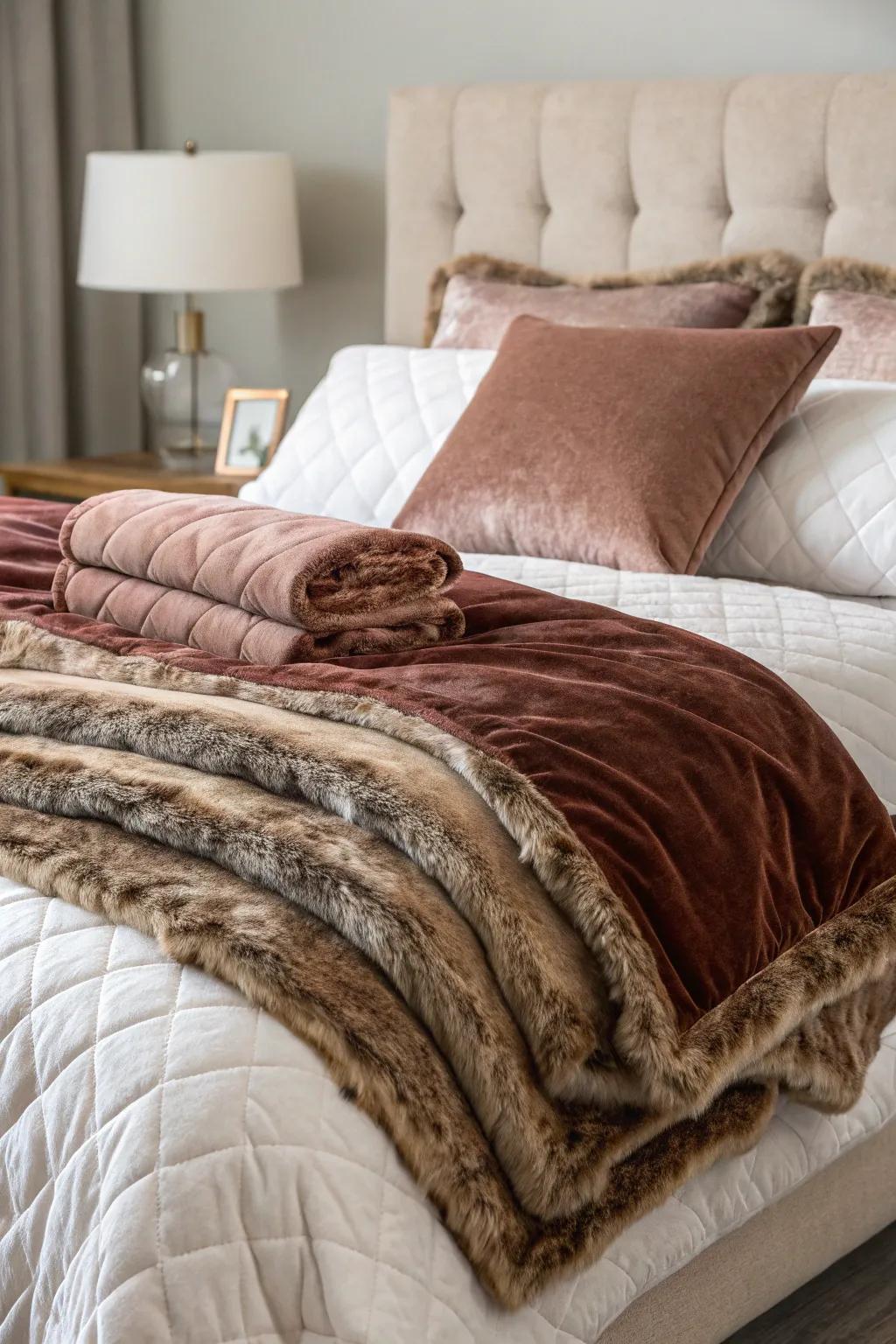 A bed with layered velvet and faux fur bedding.