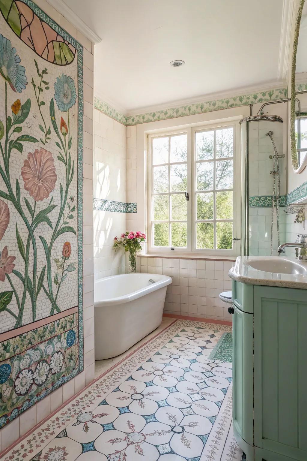 A bathroom transformed into a serene garden with floral mosaic tiles.