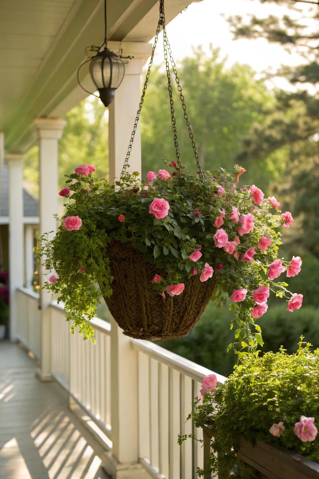 Hanging baskets with moss roses add charm to any porch.