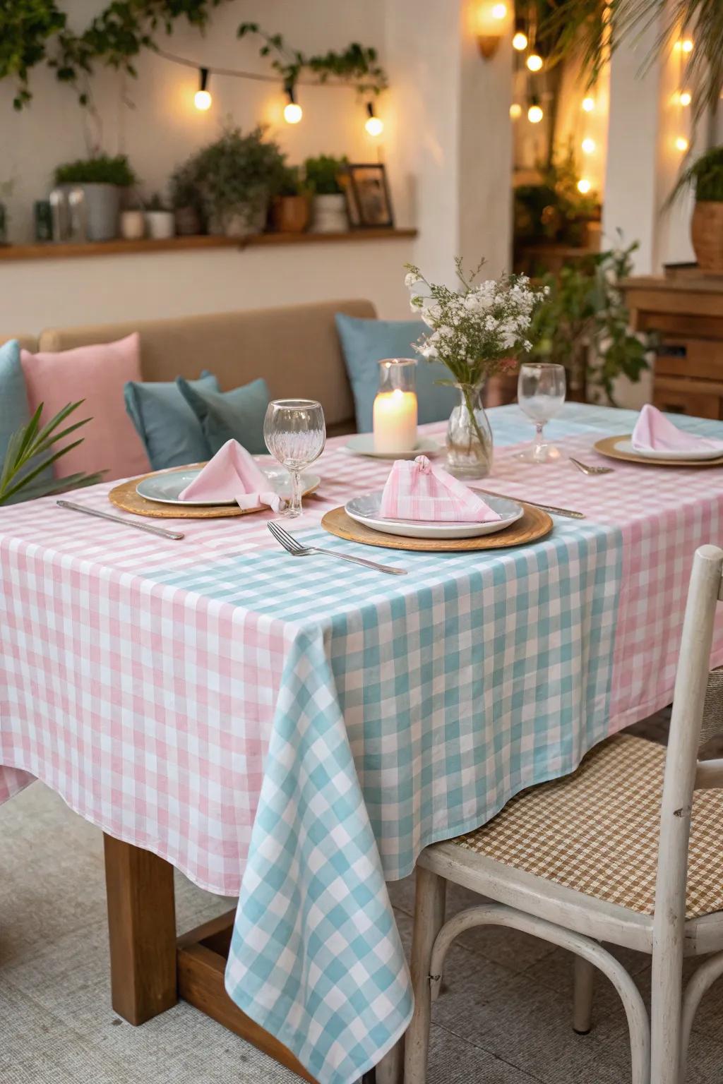 Soft pastel table linens create an inviting atmosphere.