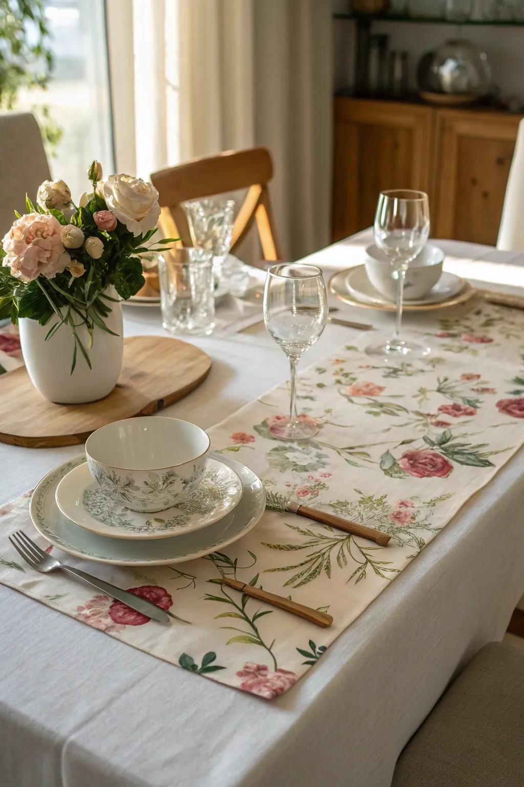 A floral table runner adds a fresh touch to the dining table.