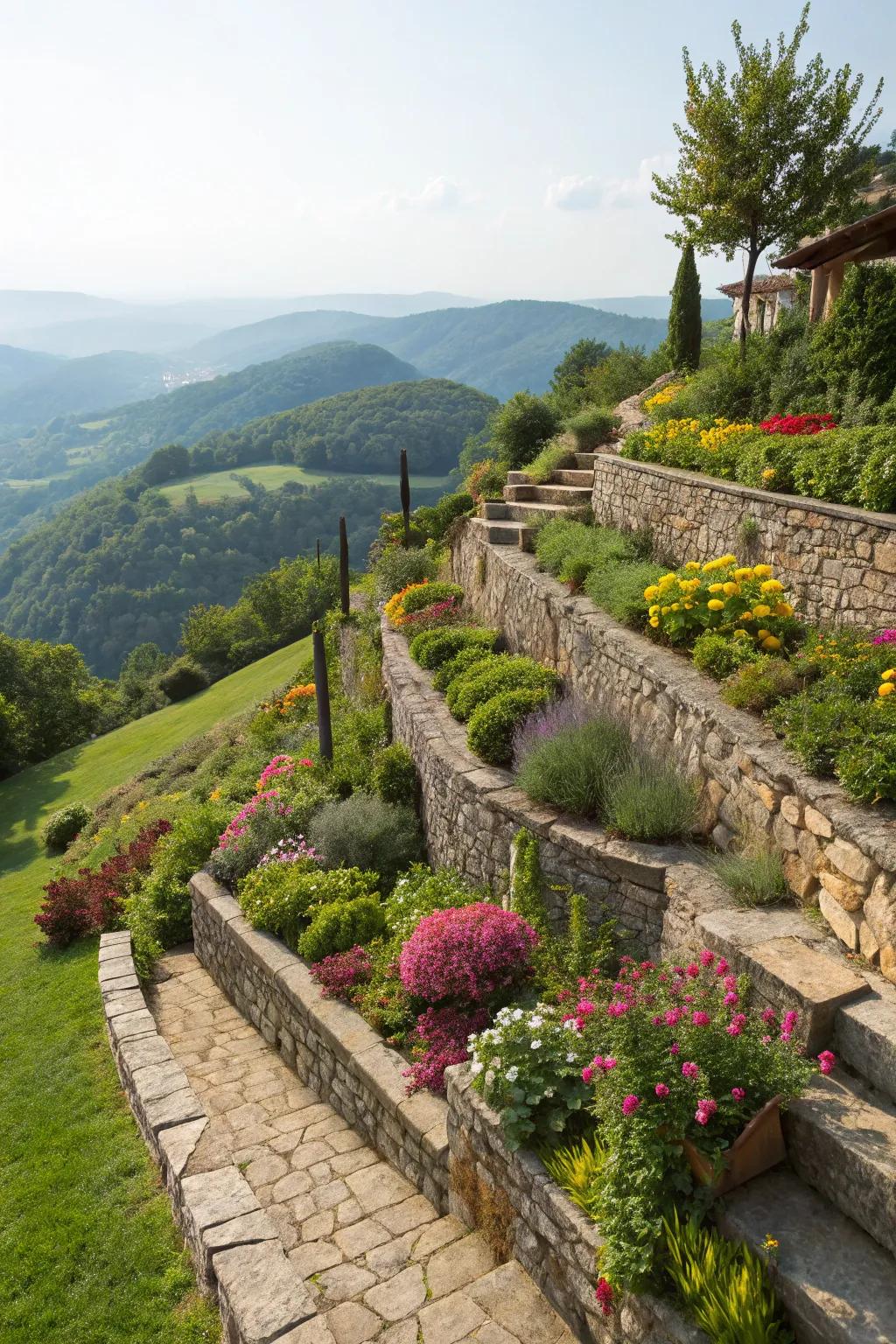 Terraced gardens with stone retaining walls, adding depth to the landscape.