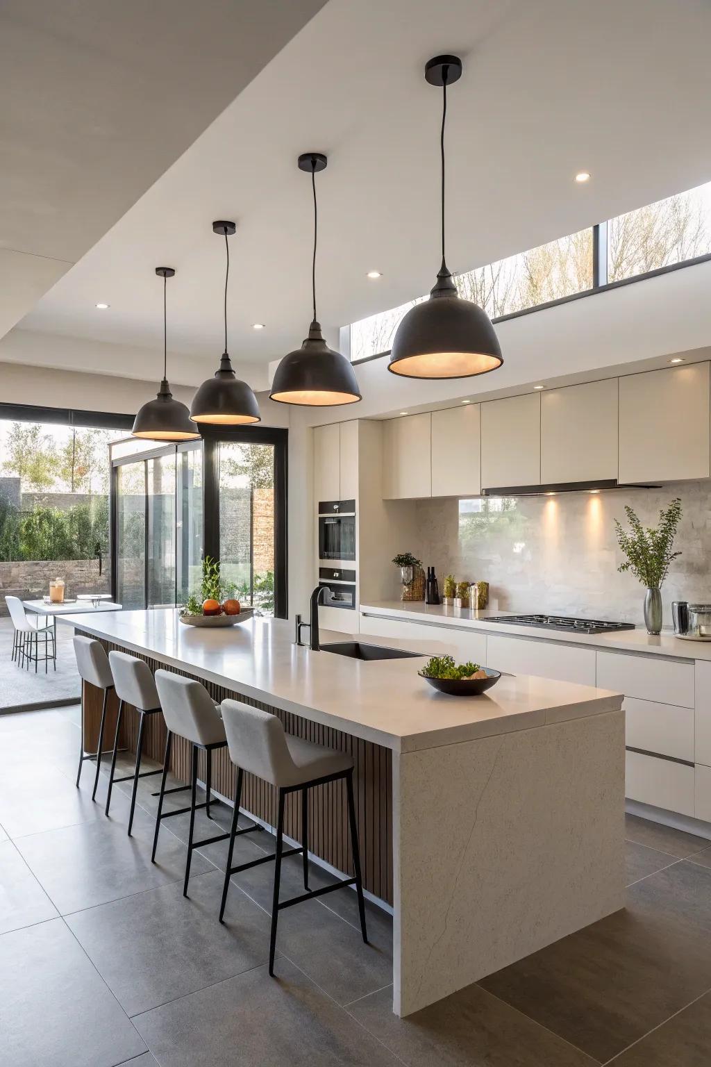 Pendant lights adding a modern touch to the kitchen.